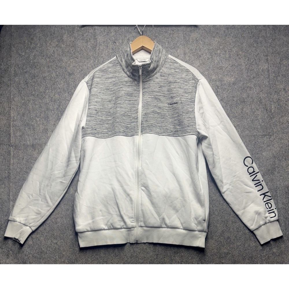 Calvin‎ Klein Jeans Men's Sweater L Gray White Zip Up Full Zip Mock Neck